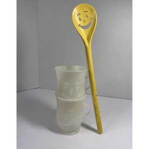 Vintage Kool-Aid Face Yellow 12" Plastic Mixing Spoon And Cups X 2
